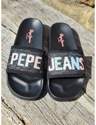 Claquettes Pepe Jeans Slider Knit noires avec grosse bride en tissu et inscription