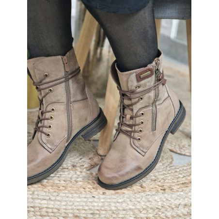 Bottines femme bi-matière Alyson taupe avec lacets