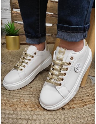 Baskets femme sneakers LPB Jone blanches et dorees