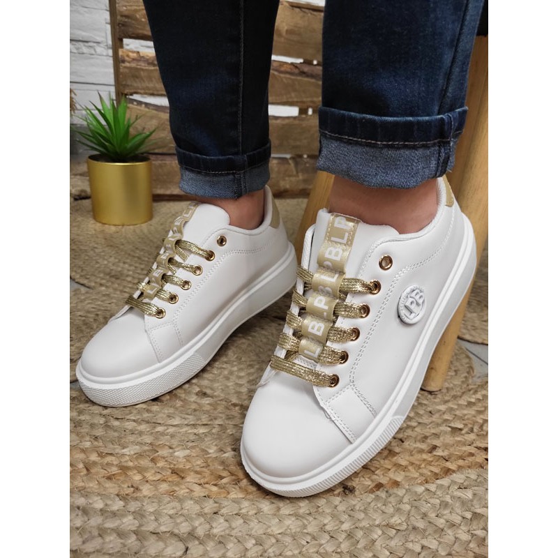 Baskets femme sneakers LPB Jone blanches et dorees