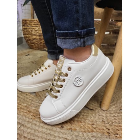 Baskets femme sneakers LPB Jone blanches et dorées