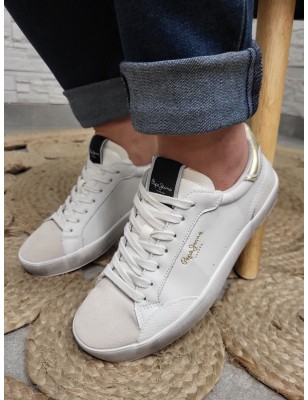 Baskets cuir femme Pepe Jeans lane moon blanches