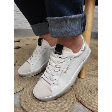 Baskets cuir femme Pepe Jeans lane moon blanches