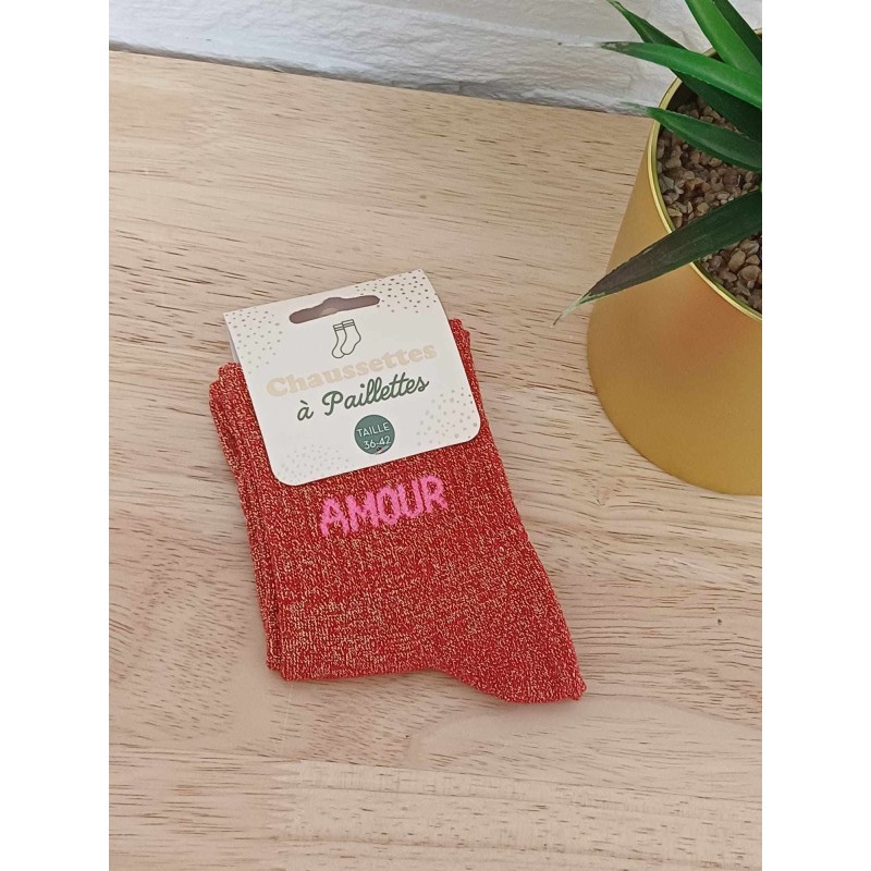 Chaussettes à paillettes "amour" rouges