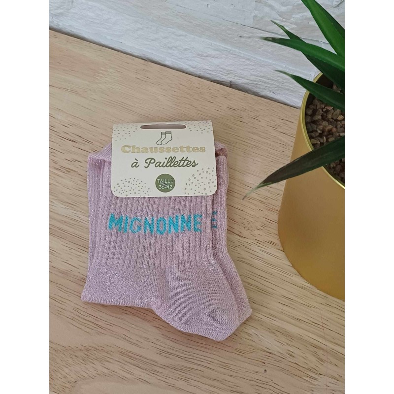 Chaussettes à paillettes "mignonne" roses