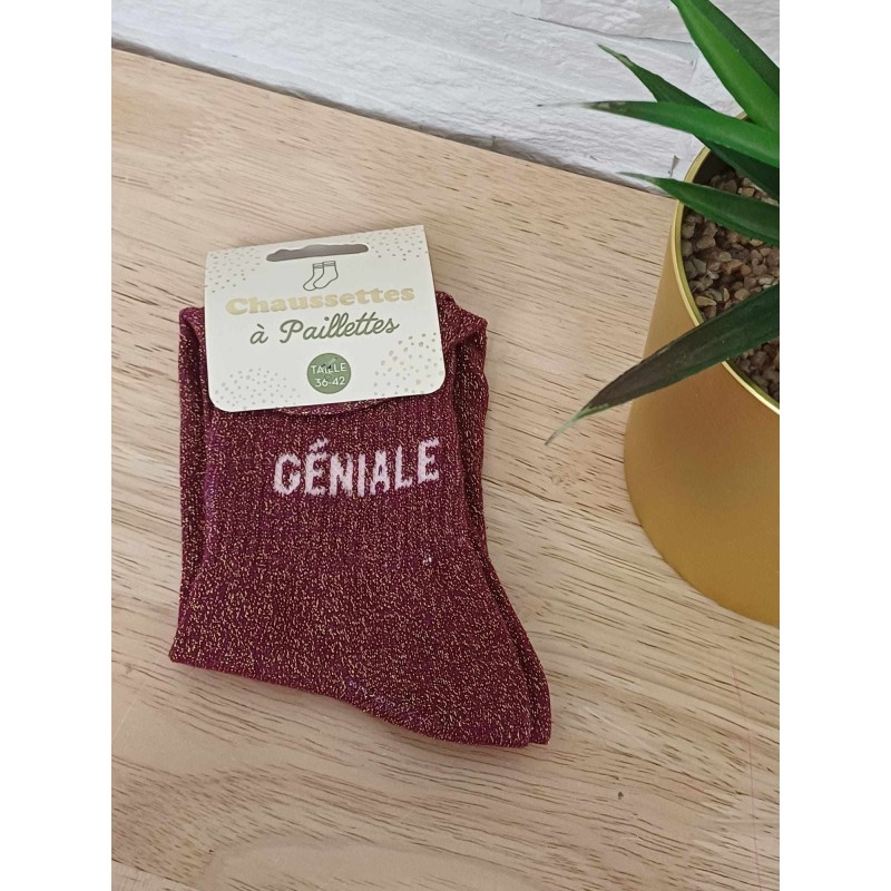 Chaussettes à paillettes "géniale" bordeaux