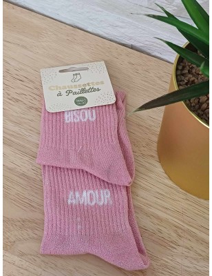 Chaussettes à paillettes duo "bisou amour" roses