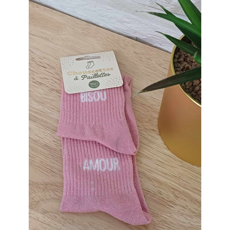 Chaussettes à paillettes "bisou amour" roses