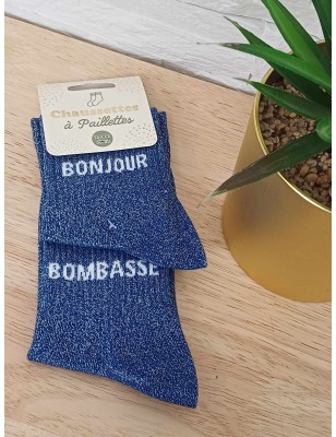 Chaussettes à paillettes "bonjour bombasse" bleu foncé