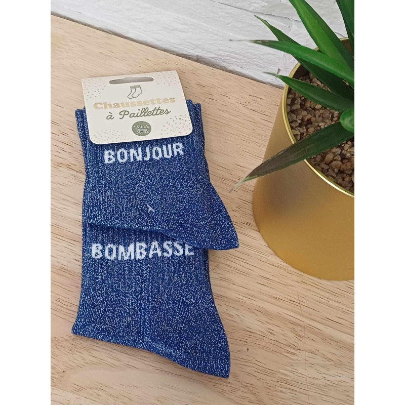 Chaussettes à paillettes "bonjour bombasse" bleu foncé