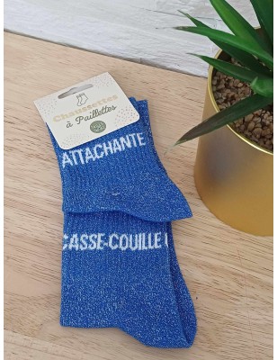 Chaussettes à paillettes "attachante casse-couille" bleues