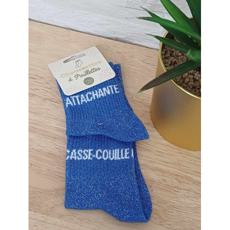 Chaussettes à paillettes duo "attachante casse-couille" bleues