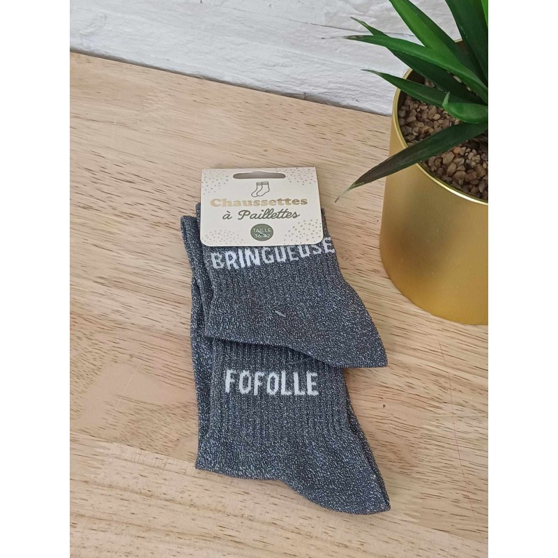 Chaussettes à paillettes "bringueuse fofolle" noires