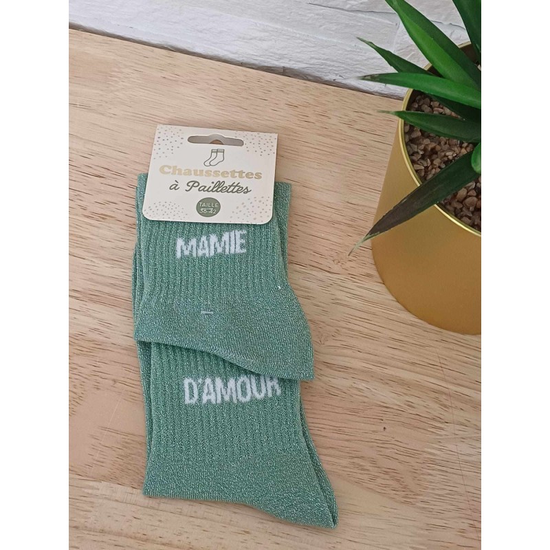 Chaussettes à paillettes "mamie d'amour" vertes