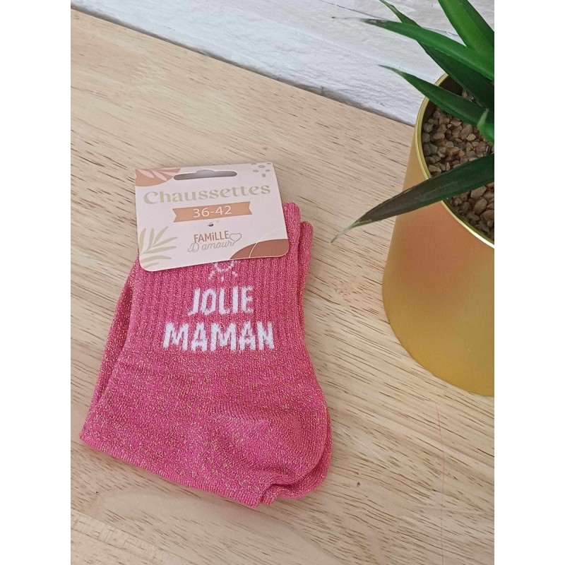 Chaussettes à paillettes "jolie maman" fushia