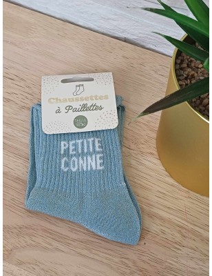 Chaussettes à paillettes "petite conne" bleue