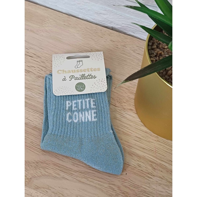 Chaussettes à paillettes "petite conne" bleue