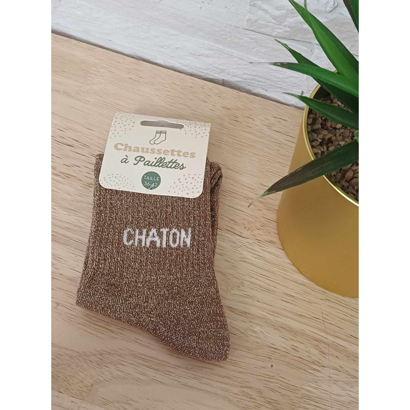 Chaussettes à paillettes "chaton" marron