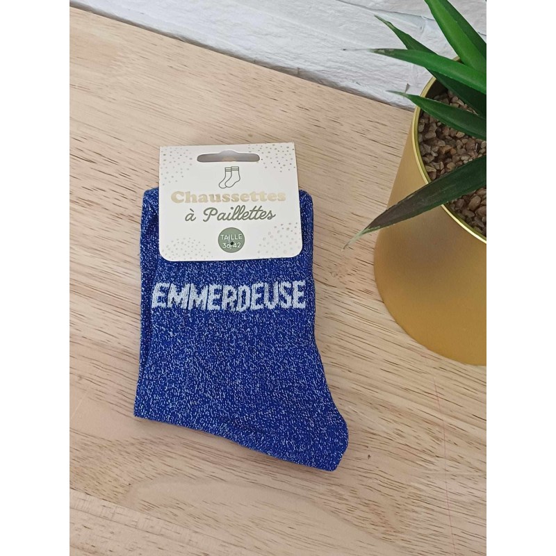 Chaussettes à paillettes "emmerdeuse" bleues