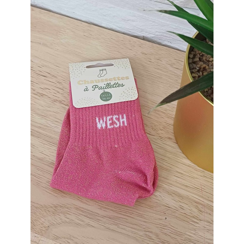 Chaussettes à paillettes "wesh" fushia