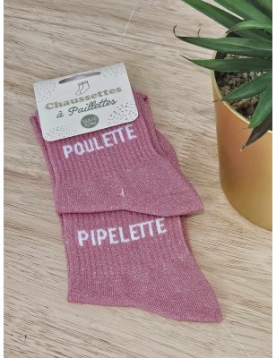 Chaussettes à paillettes duo "poulette pipelette" roses