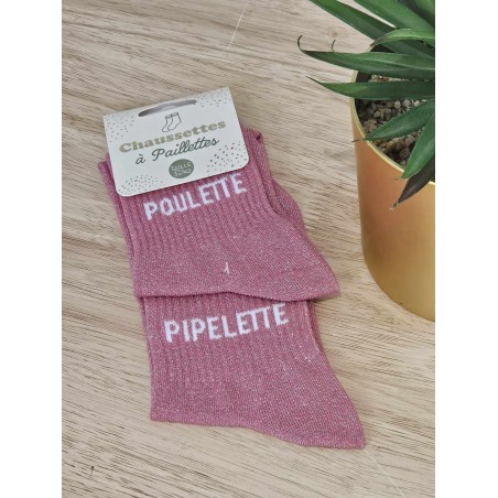 Chaussettes à paillettes duo "poulette pipelette" roses