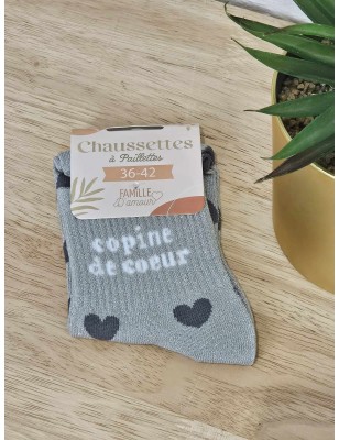 Chaussettes à paillettes "copine de cœur" grises