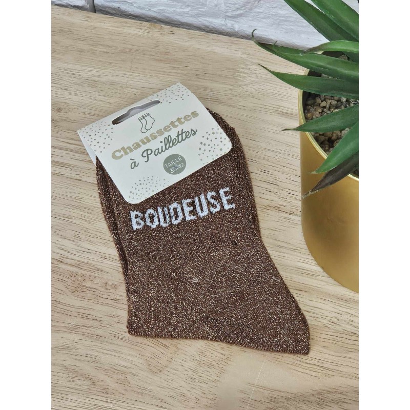 Chaussettes à paillettes "boudeuse" marron