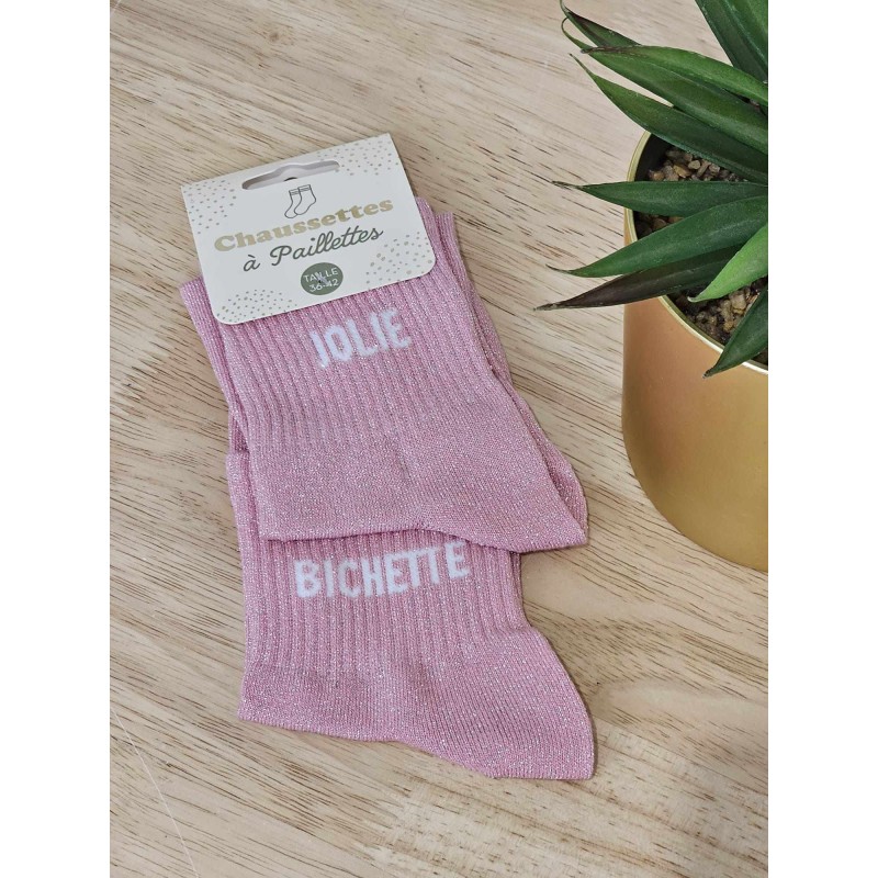 Chaussettes à paillettes duo "jolie bichette" roses