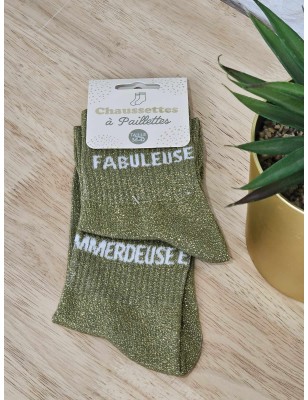 Chaussettes à paillettes duo "fabuleuse emmerdeuse" kaki