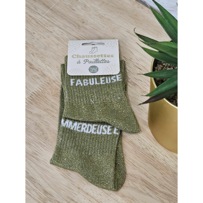 Chaussettes à paillettes duo "fabuleuse emmerdeuse" kaki