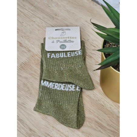 Chaussettes à paillettes duo "fabuleuse emmerdeuse" kaki